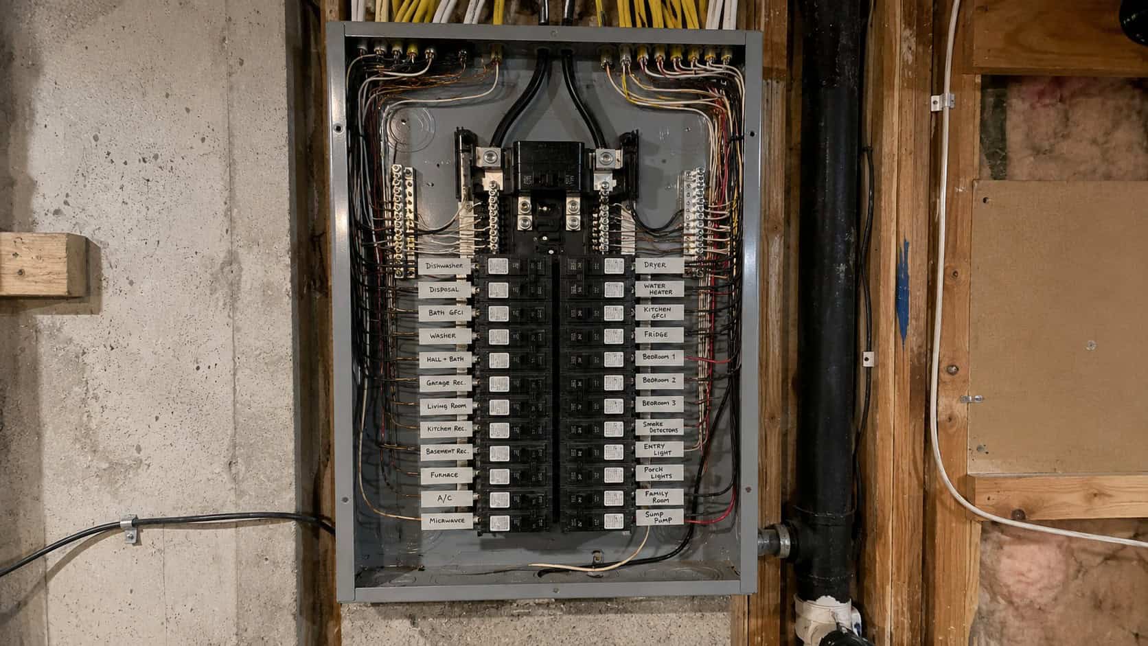Secondary Suite Subpanel Installation Toronto 2 Open 24-space electrical subpanel mounted on a basement utility wall.