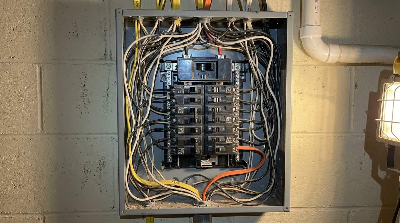200 Amp Service Upgrade Toronto 1 Photo of overloaded residential electrical panel with crowded wiring and full breaker spaces in an older Toronto home