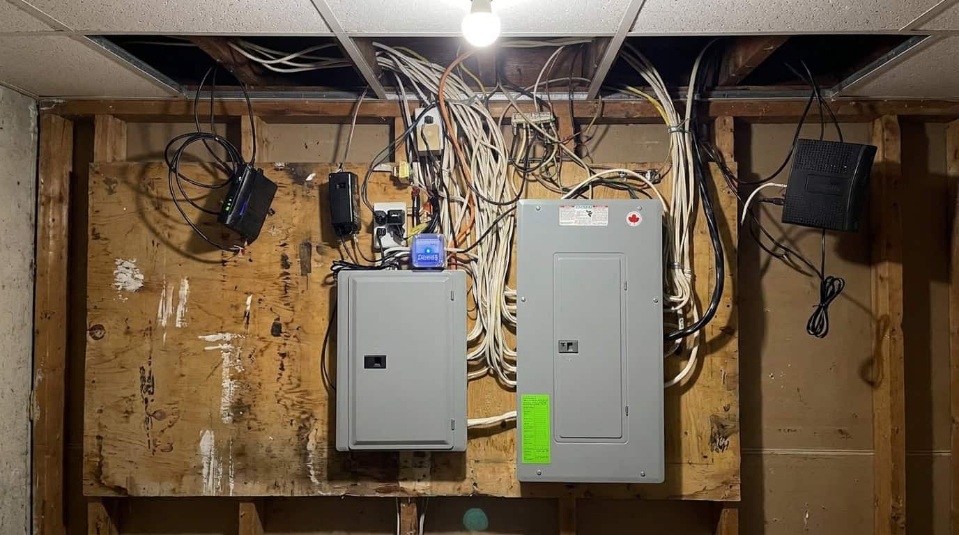 Secondary Suite Subpanel Installation Toronto 1 New subpanel installed beside main electrical panel on plywood backboard in unfinished Toronto basement with organized NMD90 cable routing